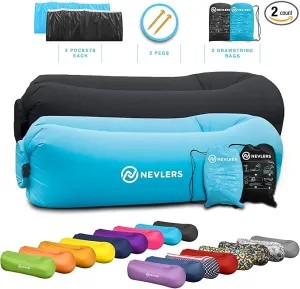 Nevlers 2 Pack Inflatable Loungers Air Sofa Couch | Perfect for Beach Chair Camping Chairs or Portable Hammock |Travel Bag Pouch, Pegs & 3 Pockets| Movie Seating & Camping Accessories Blow Up Lounger