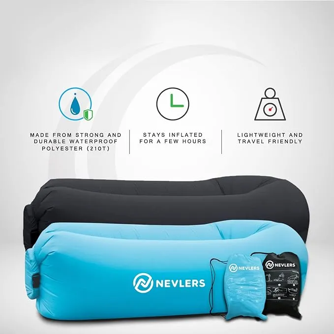Nevlers 2 Pack Inflatable Loungers Air Sofa Couch | Perfect for Beach Chair Camping Chairs or Portable Hammock |Travel Bag Pouch, Pegs & 3 Pockets| Movie Seating & Camping Accessories Blow Up Lounger