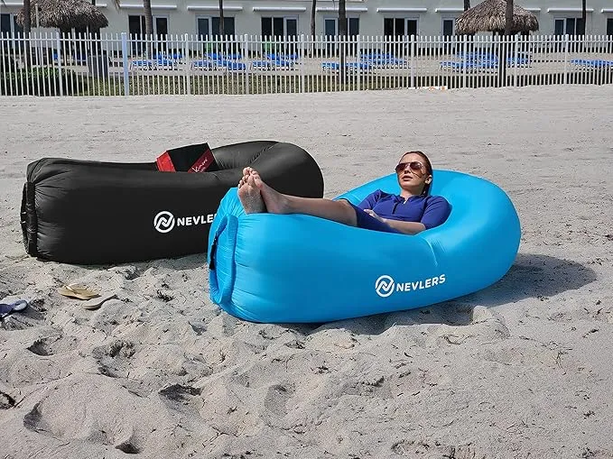 Nevlers 2 Pack Inflatable Loungers Air Sofa Couch | Perfect for Beach Chair Camping Chairs or Portable Hammock |Travel Bag Pouch, Pegs & 3 Pockets| Movie Seating & Camping Accessories Blow Up Lounger