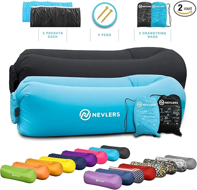 Nevlers 2 Pack Inflatable Loungers Air Sofa Couch | Perfect for Beach Chair Camping Chairs or Portable Hammock |Travel Bag Pouch, Pegs & 3 Pockets| Movie Seating & Camping Accessories Blow Up Lounger