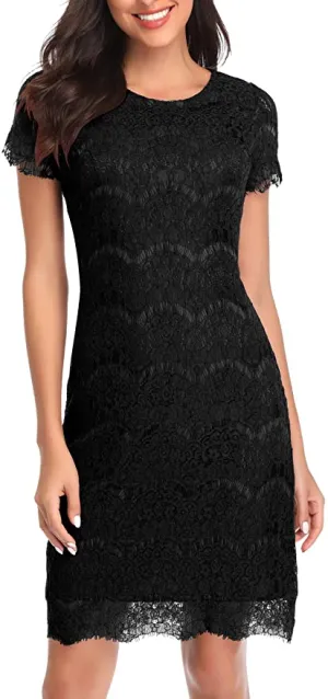 New MISSJOY Women's Vintage Short Sleeves Slim Lace Cocktail Dress, Black, Sz M!