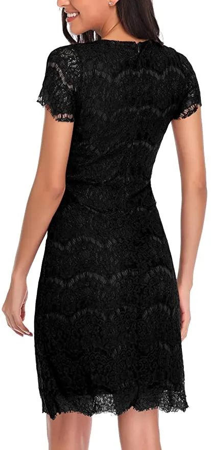 New MISSJOY Women's Vintage Short Sleeves Slim Lace Cocktail Dress, Black, Sz M!