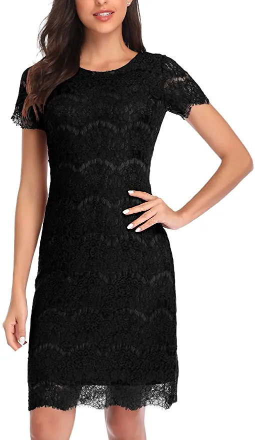 New MISSJOY Women's Vintage Short Sleeves Slim Lace Cocktail Dress, Black, Sz M!