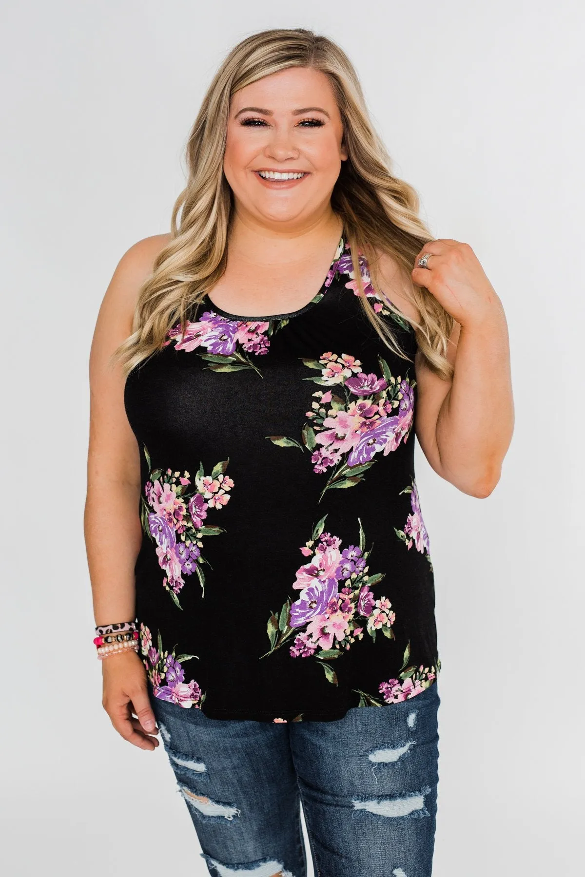 Night Blooms Floral Racerback Tank Top- Black