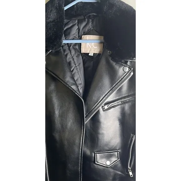 NWOT KC Collection‎ Vegan Leather Motto Jacket With Faux Fur Collar - Size Large