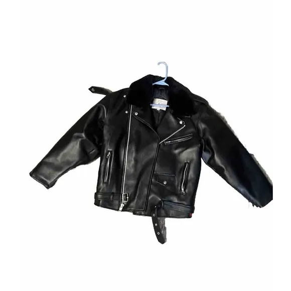 NWOT KC Collection‎ Vegan Leather Motto Jacket With Faux Fur Collar - Size Large