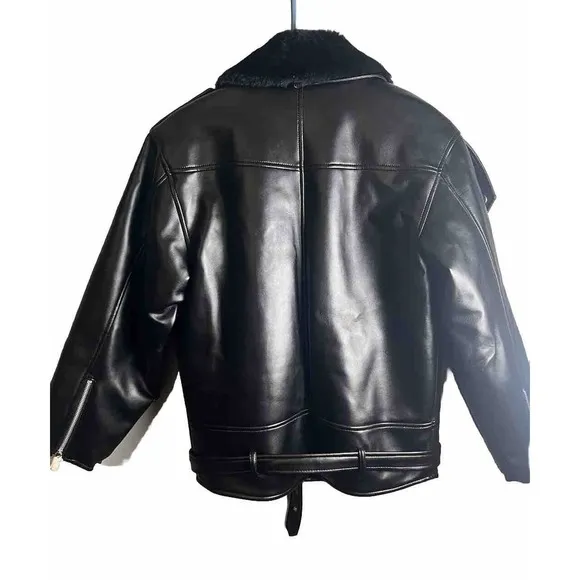 NWOT KC Collection‎ Vegan Leather Motto Jacket With Faux Fur Collar - Size Large
