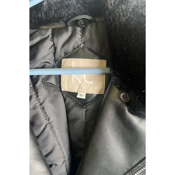 NWOT KC Collection‎ Vegan Leather Motto Jacket With Faux Fur Collar - Size Large