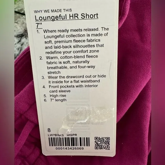 NWT New LULULEMON Loungeful High-Rise Short 7&quot;Magenta Purple MGPR 8