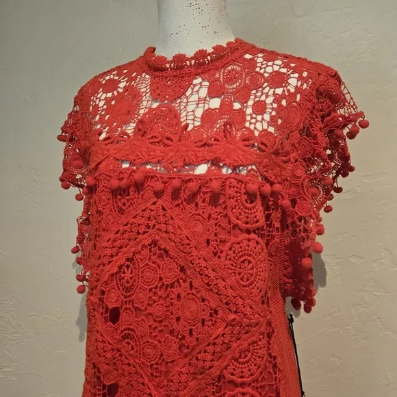 NWT Tularosa Revolve Clayton Tunic Lace Pompom Crochet Mini Dress, Size Small