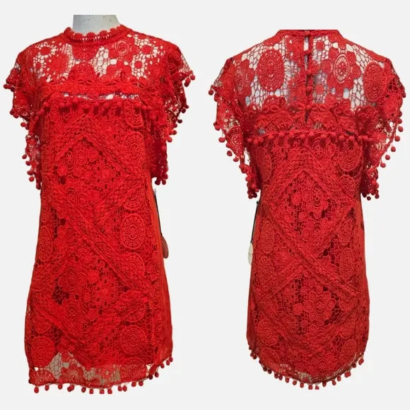 NWT Tularosa Revolve Clayton Tunic Lace Pompom Crochet Mini Dress, Size Small
