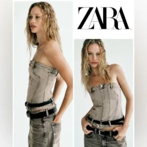 NWT ZARA | CORSET STYLE DENIM TOP TRF Jean Vest Top Grey Gray Shirt