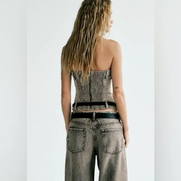 NWT ZARA | CORSET STYLE DENIM TOP TRF Jean Vest Top Grey Gray Shirt