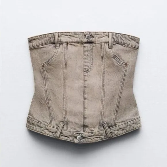 NWT ZARA | CORSET STYLE DENIM TOP TRF Jean Vest Top Grey Gray Shirt