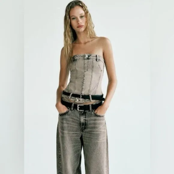 NWT ZARA | CORSET STYLE DENIM TOP TRF Jean Vest Top Grey Gray Shirt