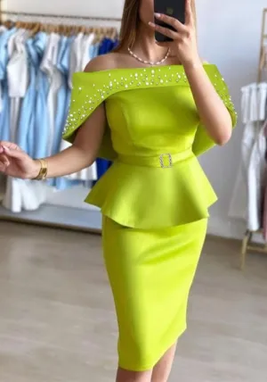 Off-Shoulder Beaded Peplum Ruffle Formal Midi Dress