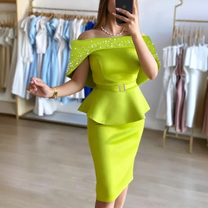 Off-Shoulder Beaded Peplum Ruffle Formal Midi Dress