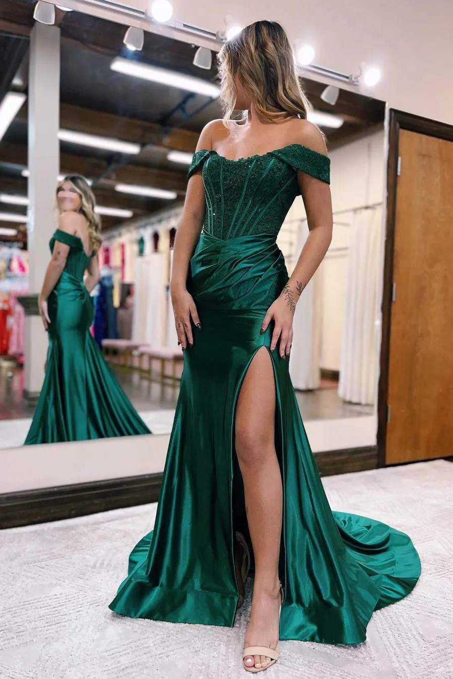 Off-the-shoulder Prom Dress Mermaid Bodice Evening Gown with High Slit
