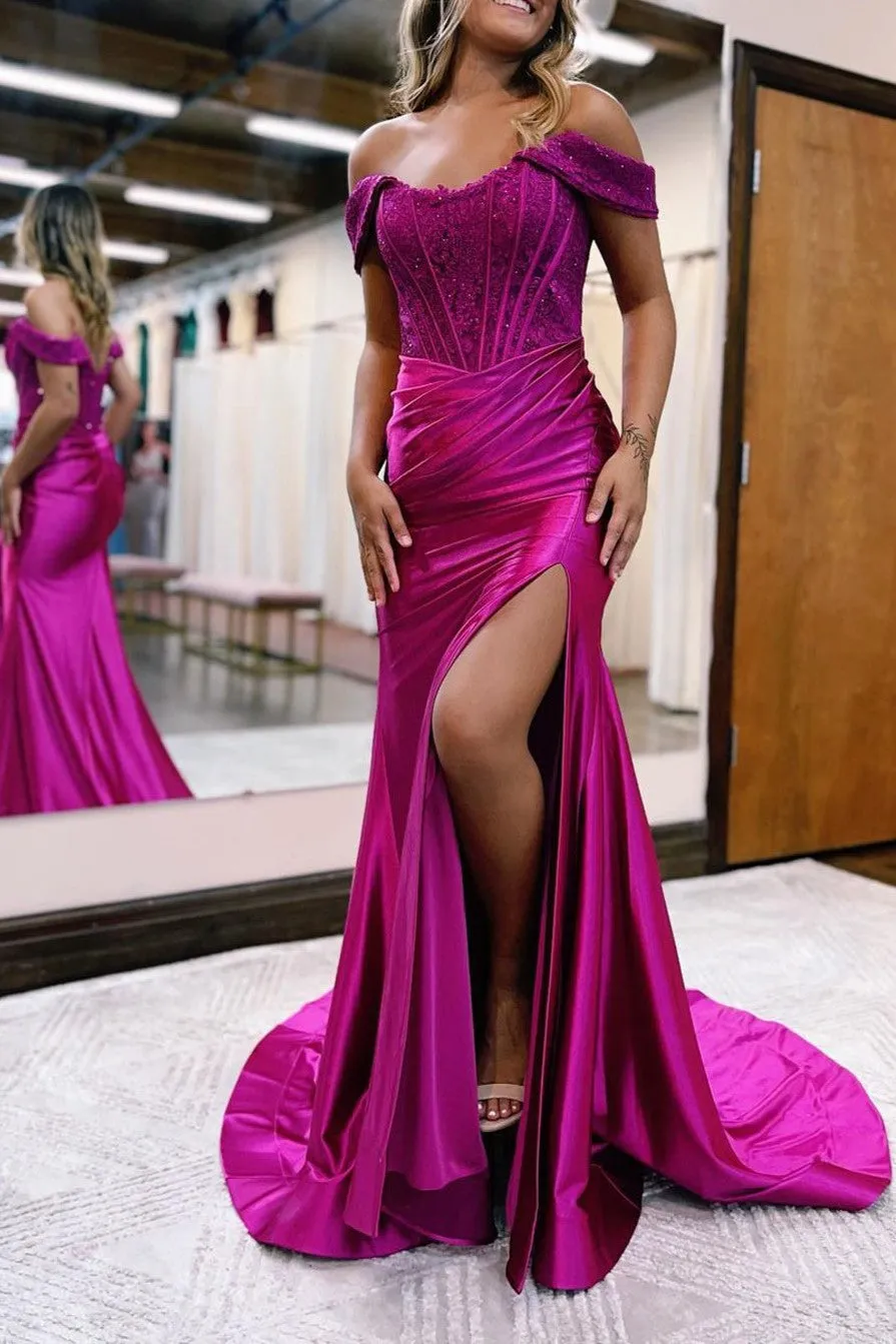 Off-the-shoulder Prom Dress Mermaid Bodice Evening Gown with High Slit