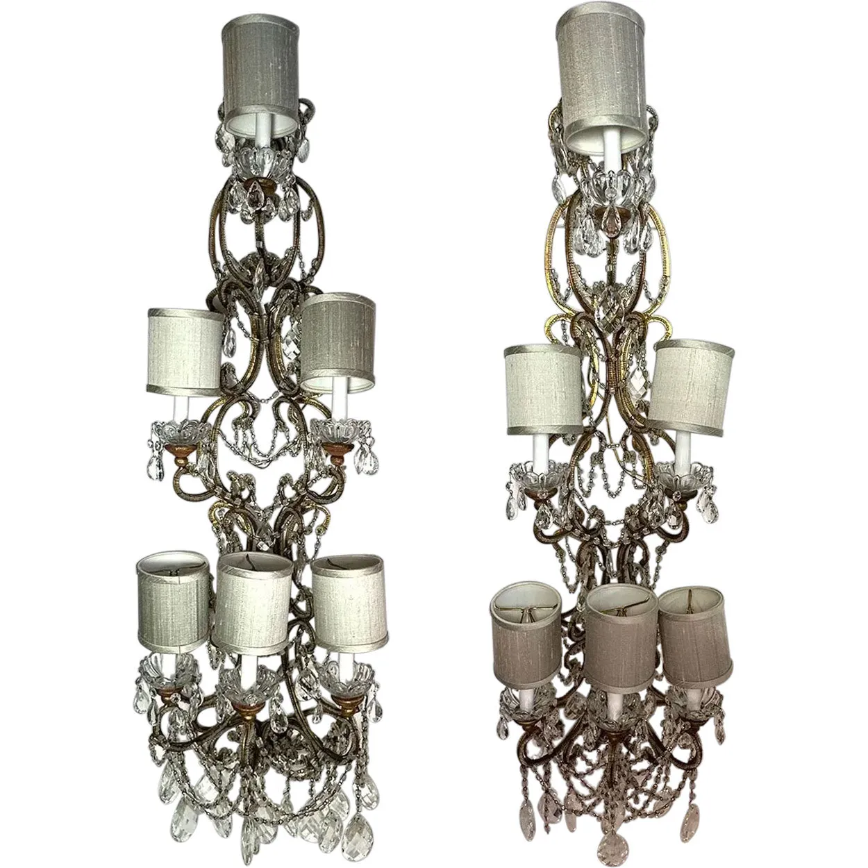 Pair Very Large European Gilt Wrought Iron Beaded Crystal Six-Light Wall Sconces