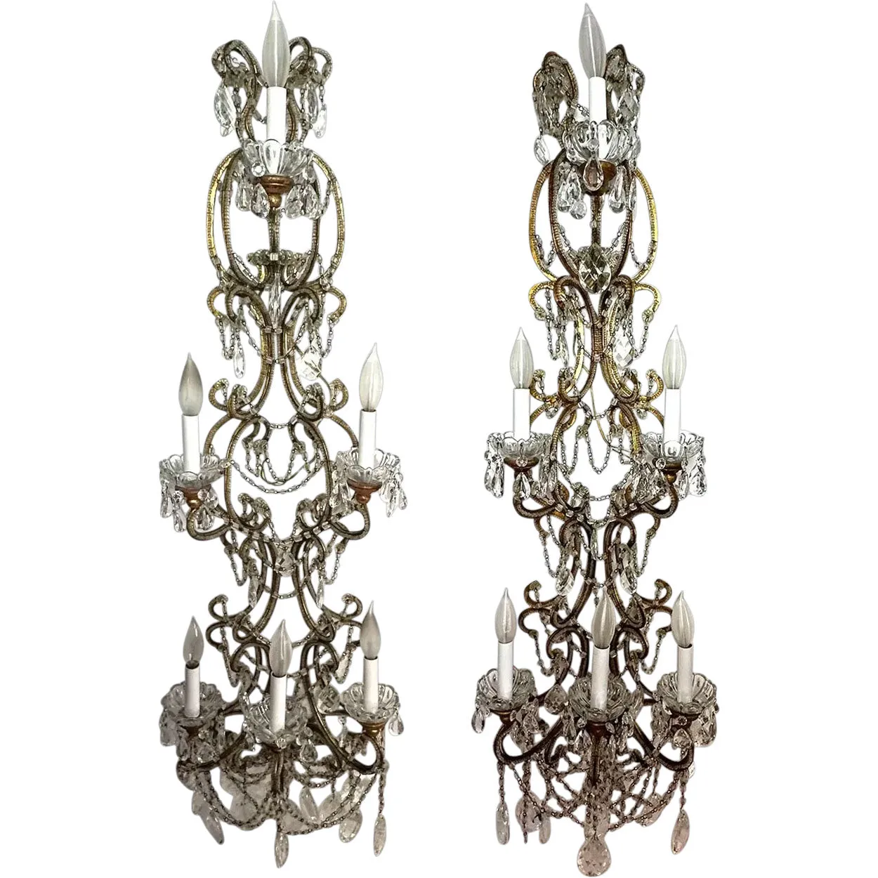 Pair Very Large European Gilt Wrought Iron Beaded Crystal Six-Light Wall Sconces