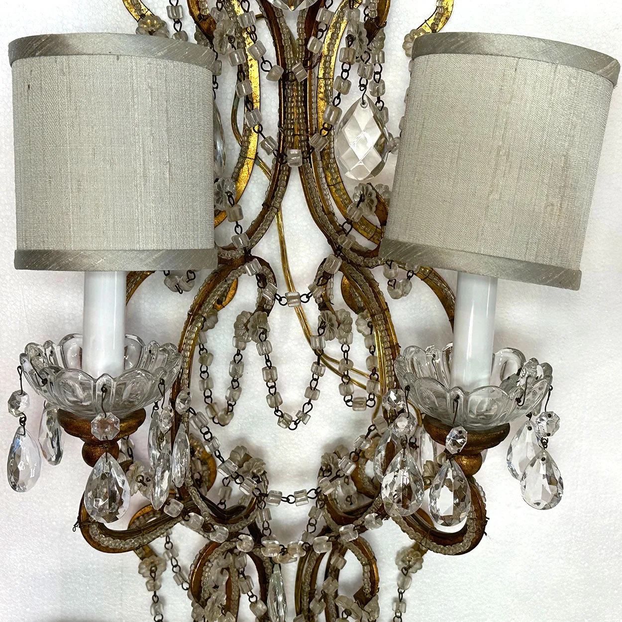 Pair Very Large European Gilt Wrought Iron Beaded Crystal Six-Light Wall Sconces
