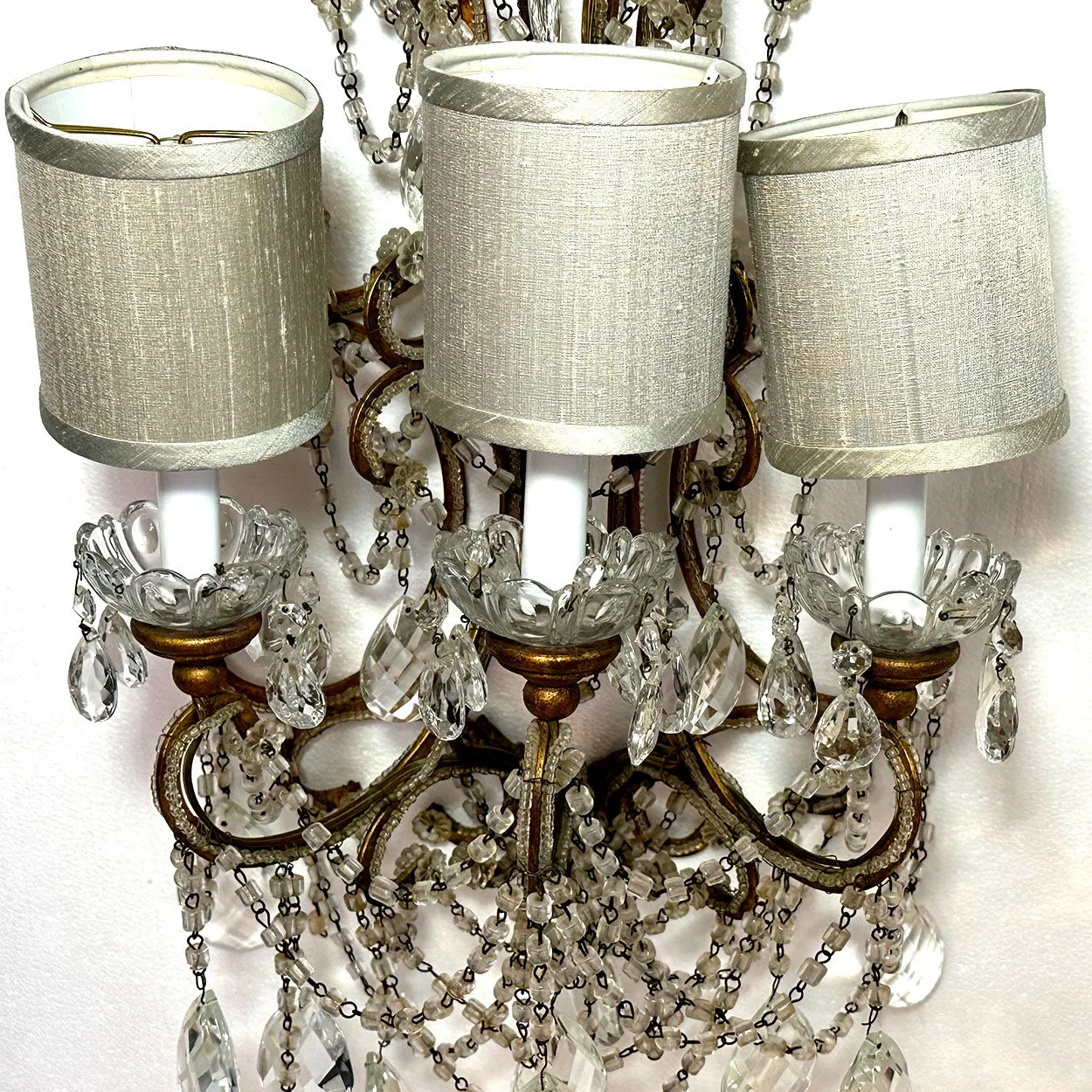 Pair Very Large European Gilt Wrought Iron Beaded Crystal Six-Light Wall Sconces