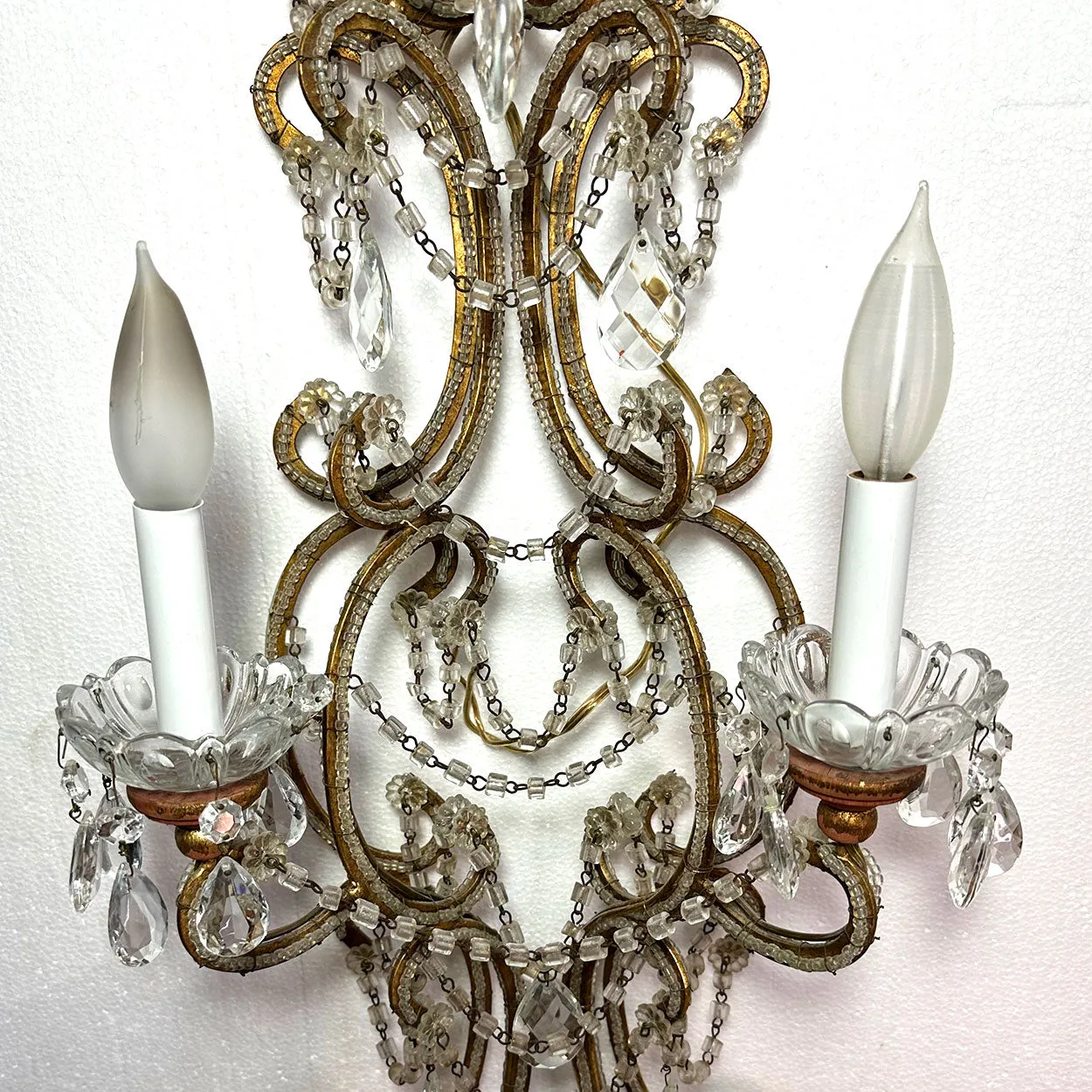 Pair Very Large European Gilt Wrought Iron Beaded Crystal Six-Light Wall Sconces