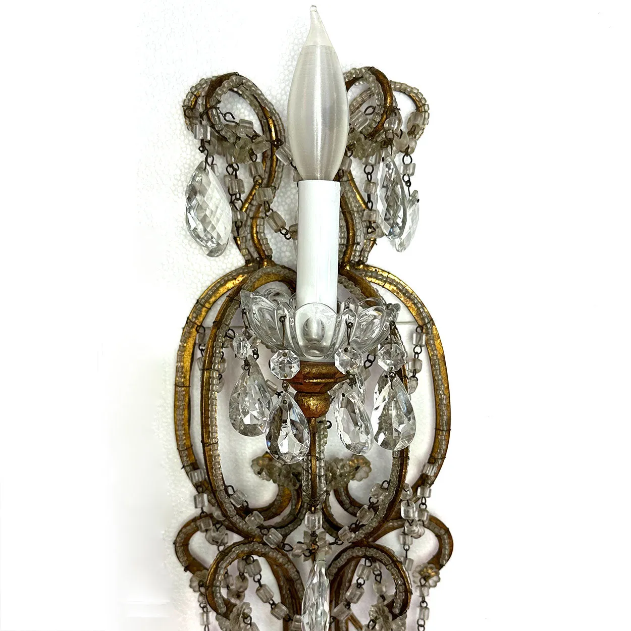 Pair Very Large European Gilt Wrought Iron Beaded Crystal Six-Light Wall Sconces