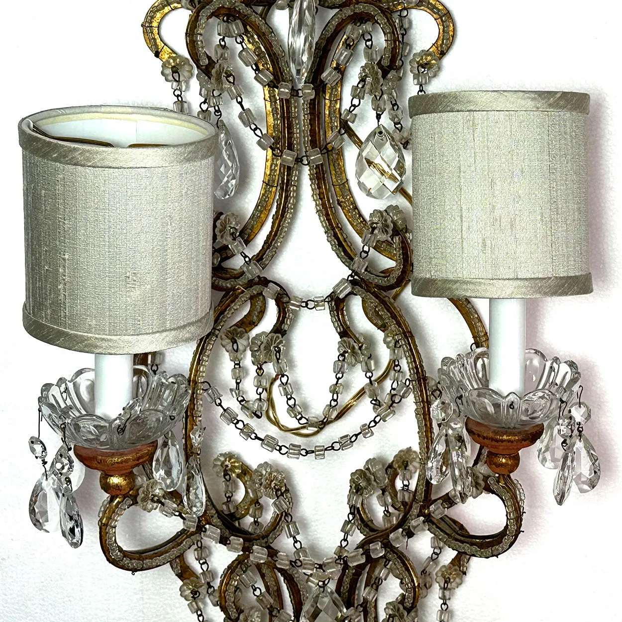 Pair Very Large European Gilt Wrought Iron Beaded Crystal Six-Light Wall Sconces