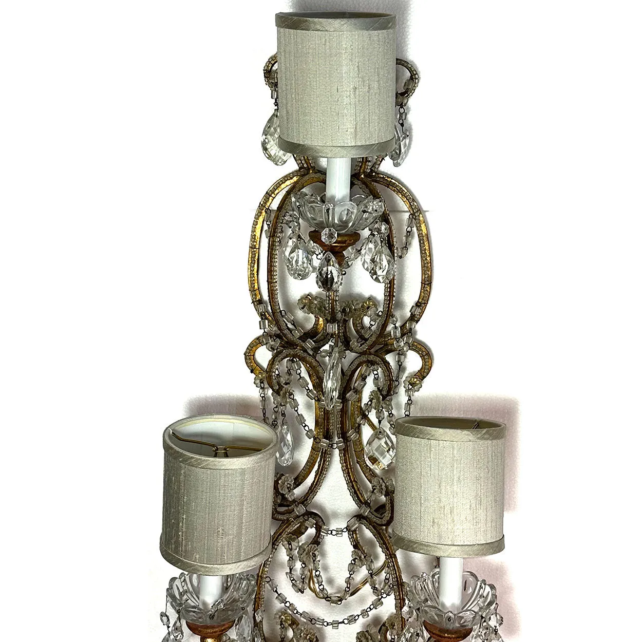 Pair Very Large European Gilt Wrought Iron Beaded Crystal Six-Light Wall Sconces
