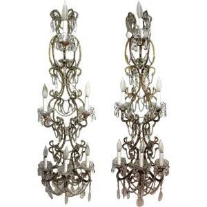 Pair Very Large European Gilt Wrought Iron Beaded Crystal Six-Light Wall Sconces