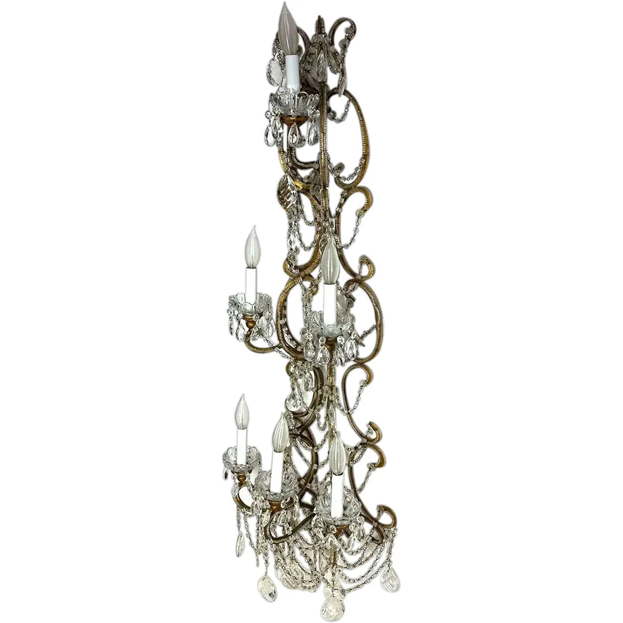 Pair Very Large European Gilt Wrought Iron Beaded Crystal Six-Light Wall Sconces
