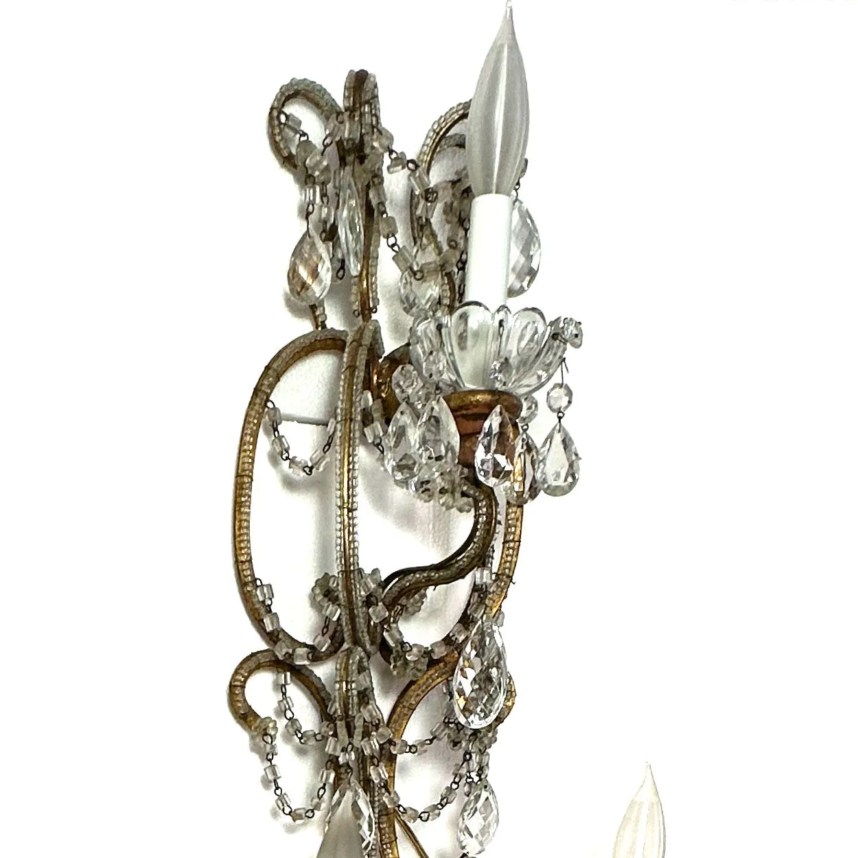 Pair Very Large European Gilt Wrought Iron Beaded Crystal Six-Light Wall Sconces