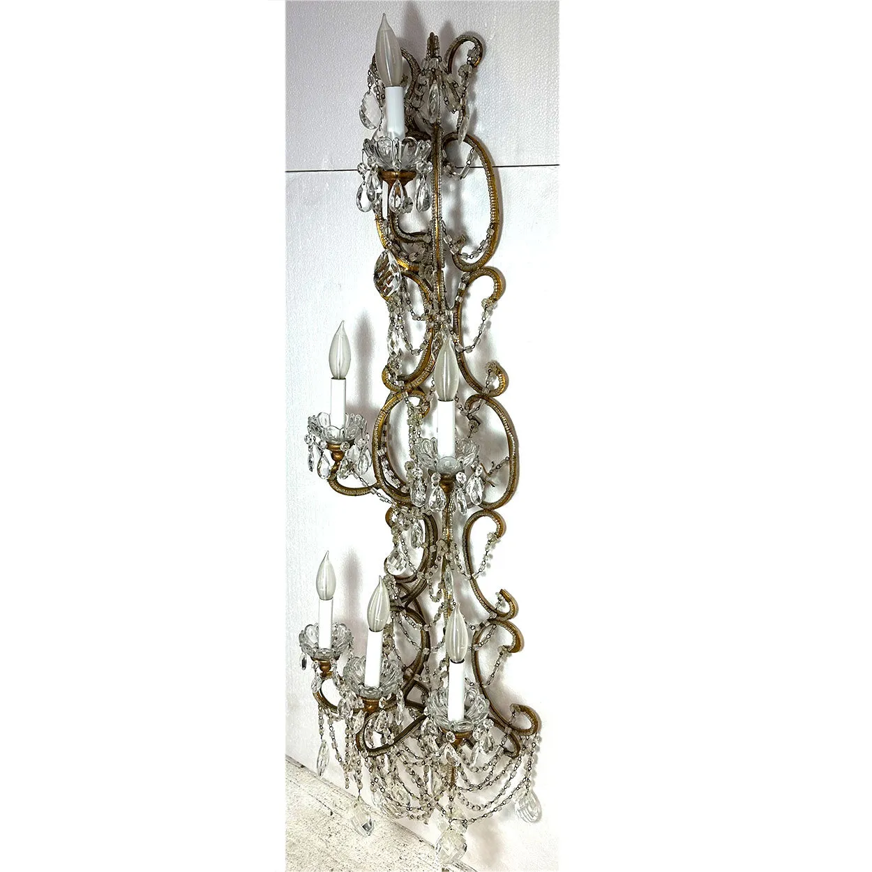 Pair Very Large European Gilt Wrought Iron Beaded Crystal Six-Light Wall Sconces