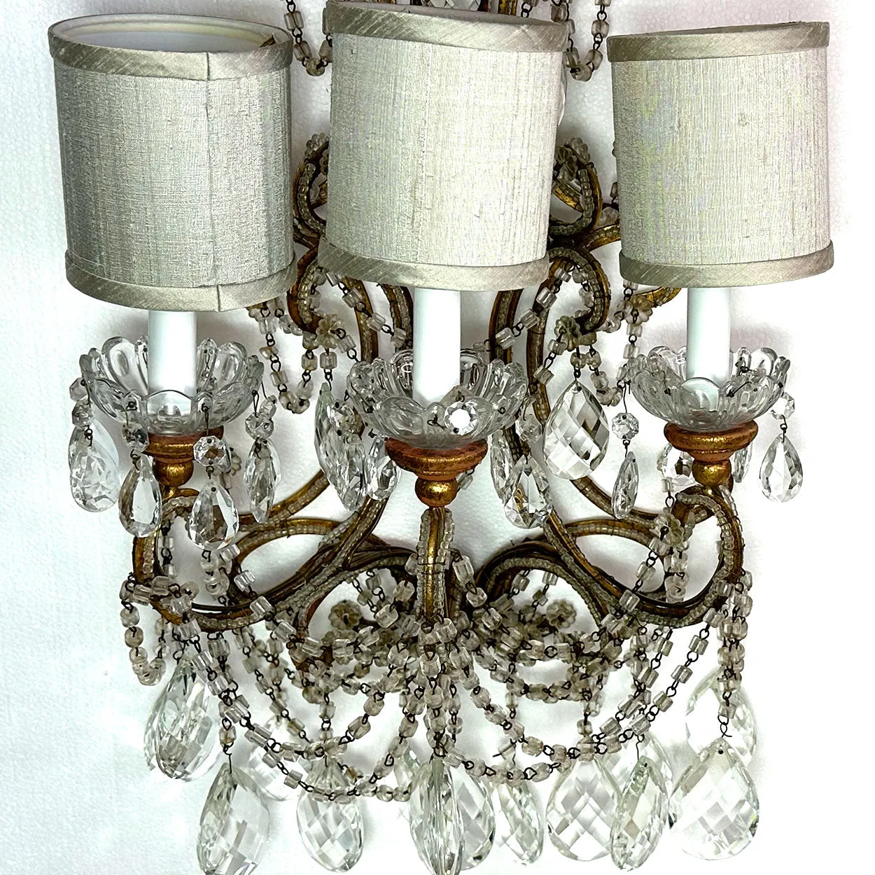 Pair Very Large European Gilt Wrought Iron Beaded Crystal Six-Light Wall Sconces