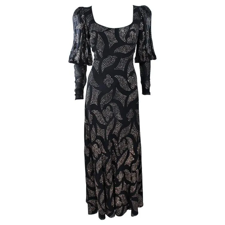 PAULINE TRIGERE 1970s Black Sequin Gown Size 12