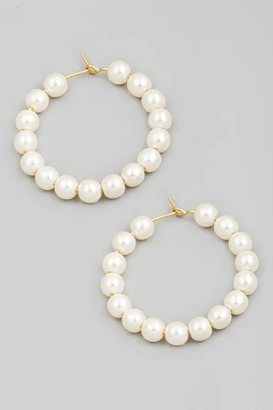 Pearl Bead Hoop Earrings - White