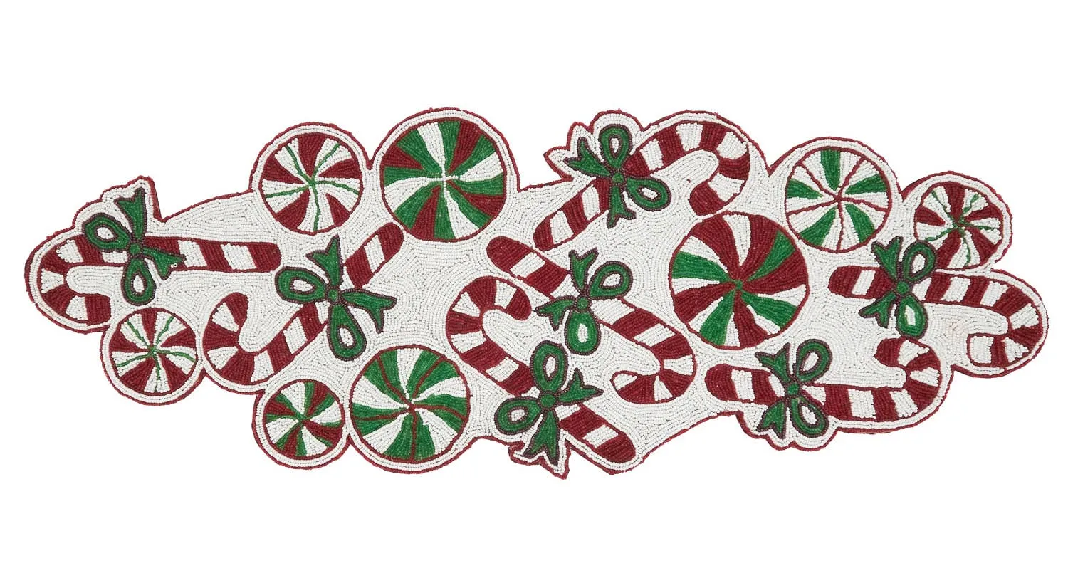 Peppermint and Candy Cane Beaded Table Runner 13" x 36"