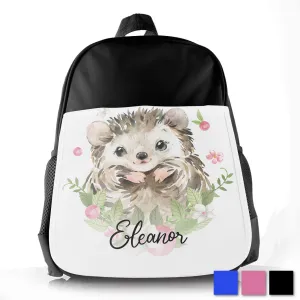 Personalised School Bag with Cute Text and Hedgehog Flowers
