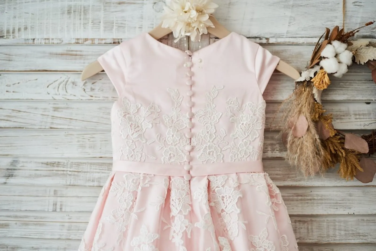 Pink Satin Ivory Tulle Lace Cap Sleeves Wedding Flower Girl Dress, Belt
