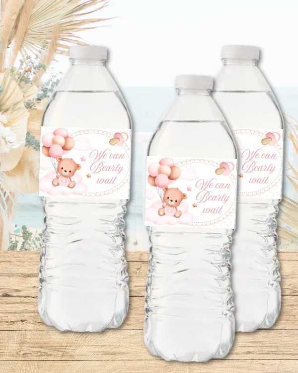 Pink Teddy Bear Water Bottle Labels