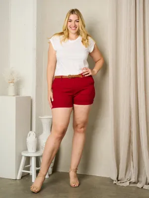 PLUS SIZE BUTTON CLOSURE POCKETS BELTED SHORT