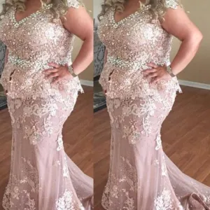 plus size mother of the bride dresses lace appliqué pink beaded peals mermaid elegant evening dresses long