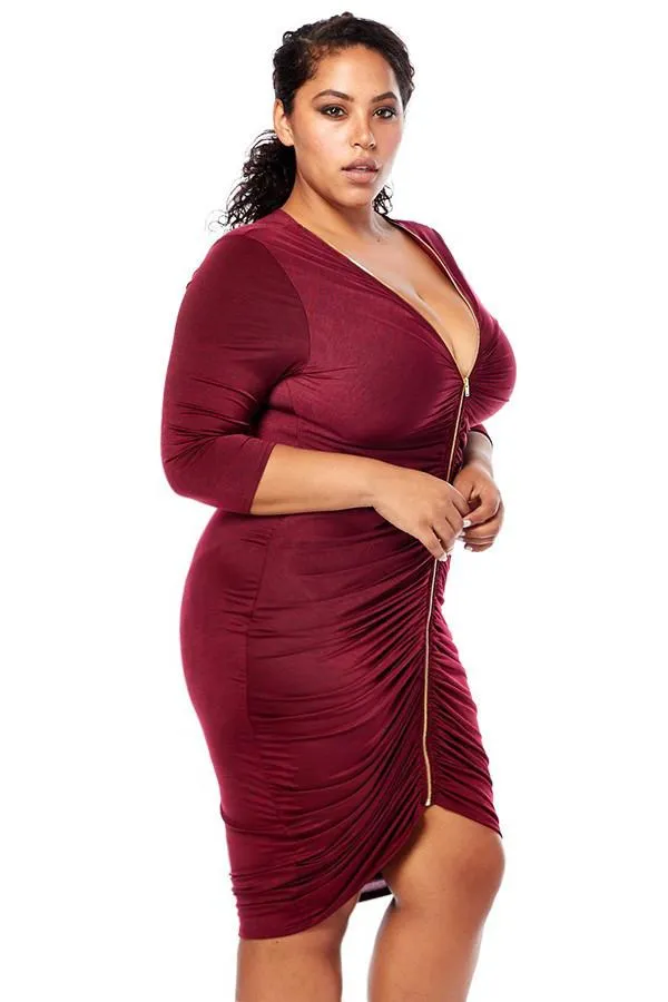 Plus Size Shine Bright Front Zipper Ruched Dress