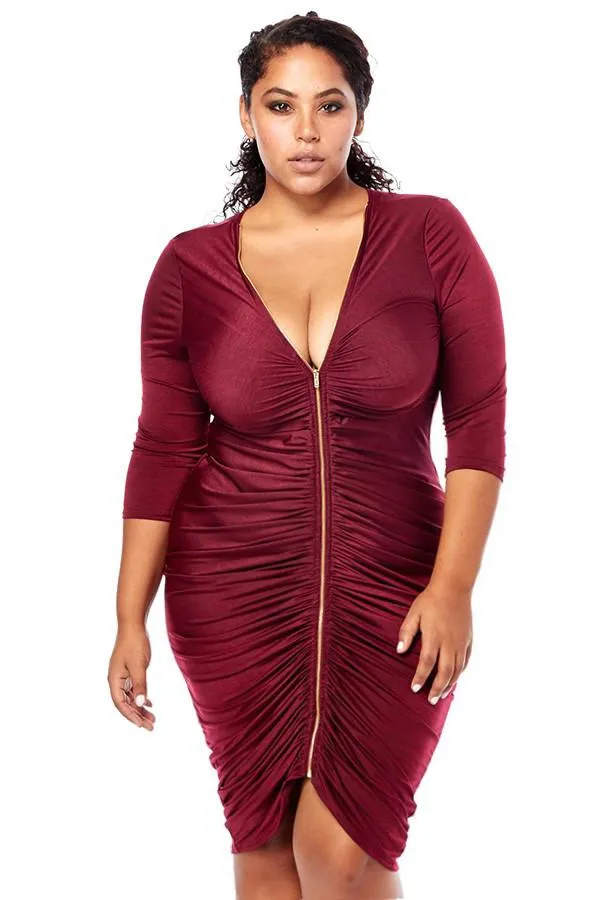 Plus Size Shine Bright Front Zipper Ruched Dress