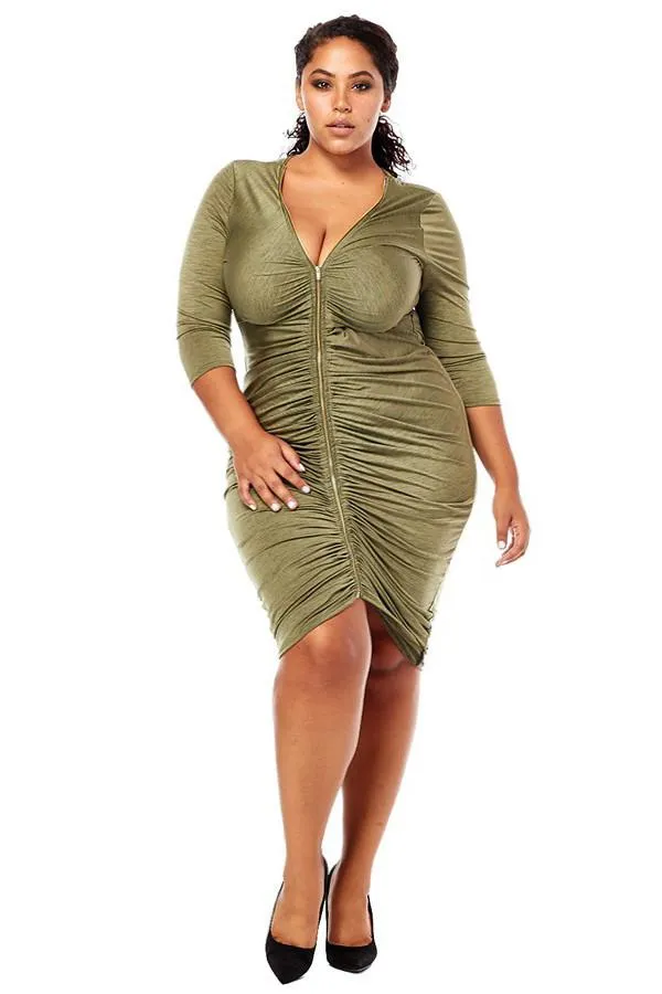 Plus Size Shine Bright Front Zipper Ruched Dress