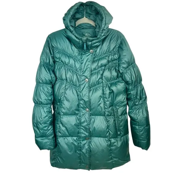 Prana Milly Down Puffer Coat Balsam Green Packable Thigh Length Hooded Womens L