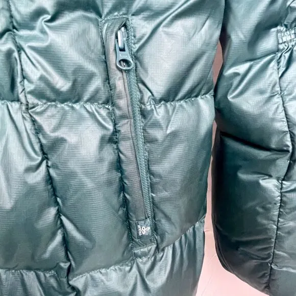 Prana Milly Down Puffer Coat Balsam Green Packable Thigh Length Hooded Womens L
