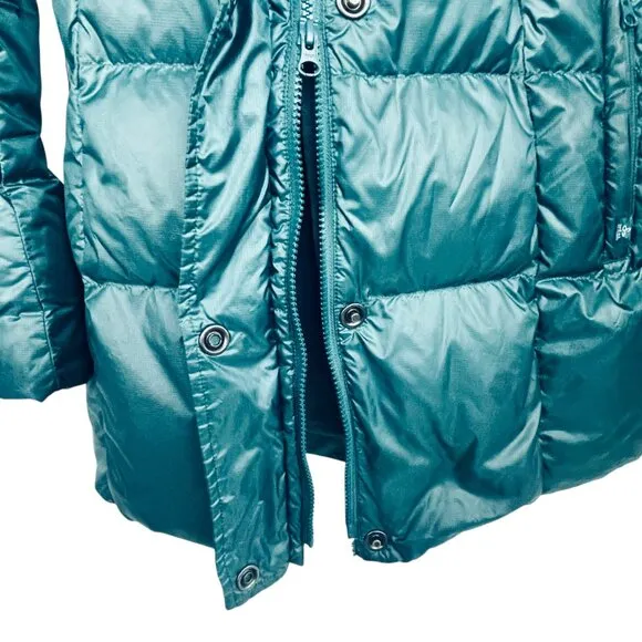 Prana Milly Down Puffer Coat Balsam Green Packable Thigh Length Hooded Womens L